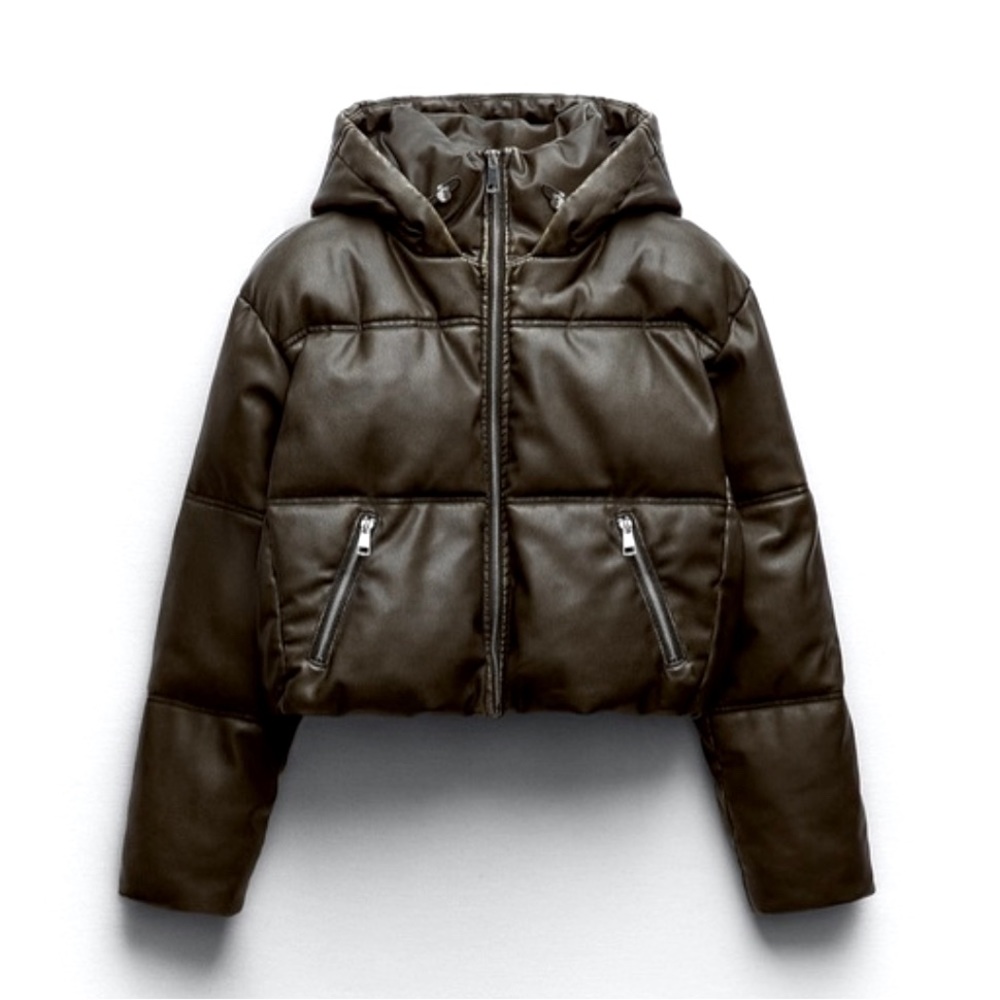 Zara faux leather cropped puffer anorak brown